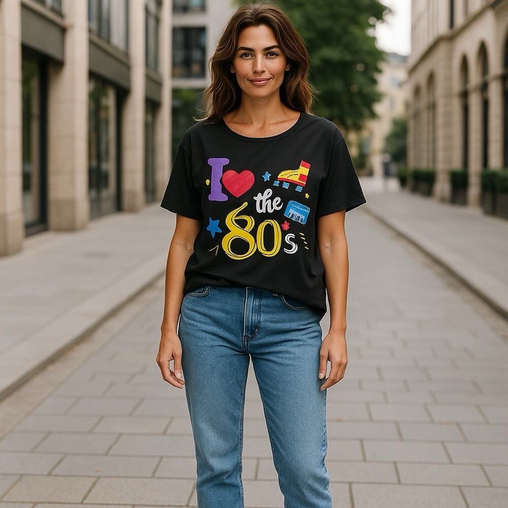 Womens I Love The 80's 1980s Party Theme Black Shirt Costume‎ Cosplay XL
